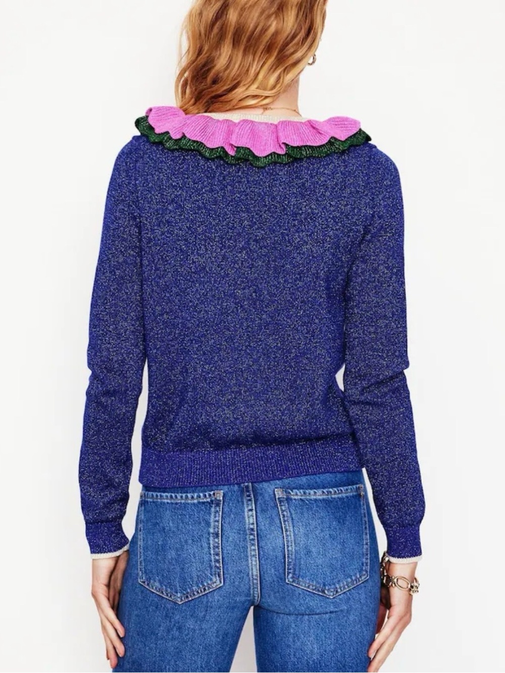 Boden / Ruffled Collar Blue Cardigan with Pink Accent - Picture 8 of 9